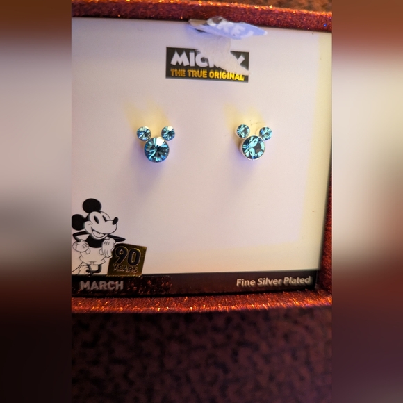 Disney Jewelry - 90 YEAR MICKEY MOUSE SILVER PLATED BLUE ZIRCON MARCH BIRTH STONE STUD EARRINGS